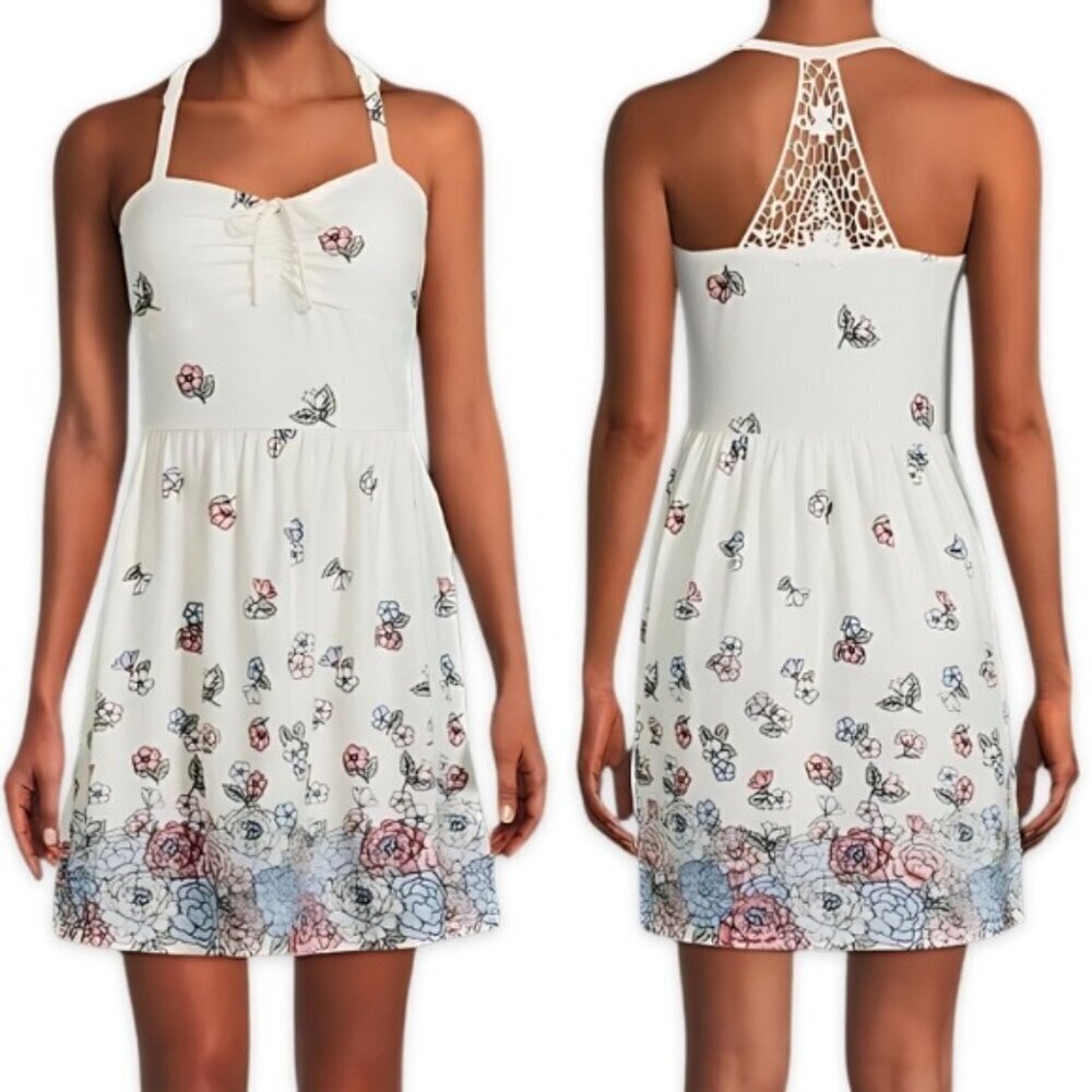 No Boundaries Sundress Empire Lace Back and Halter Straps Floral Junior L NWT
